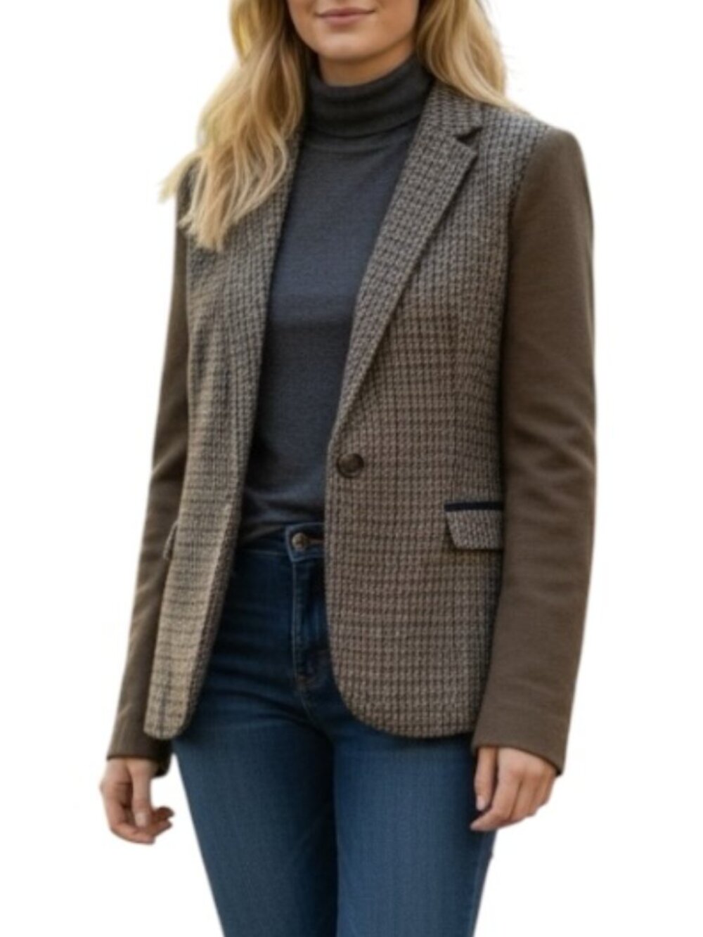 ZARA Basic Tweed Blazer Women M Brown Plaid Wool Blend Elbow Patch Jacket Classi